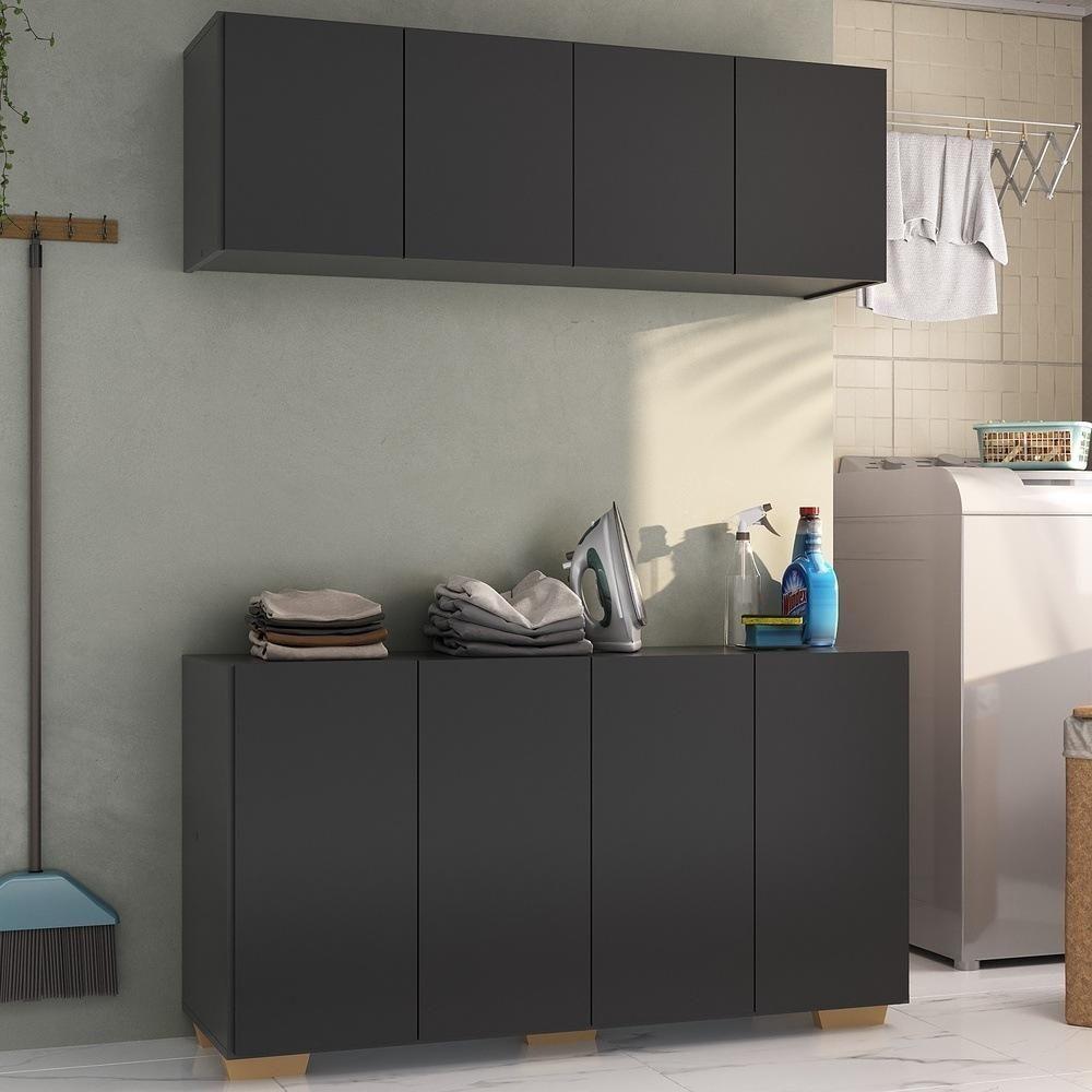 Conjunto Lavanderia Multiuso Armário Aéreo E Balcão Mp5054 Preto natural - 4