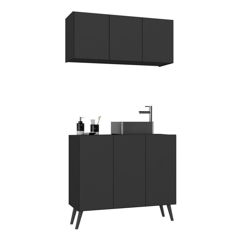 Conjunto Gabinete De Banheiro E Armário Aéreo Retrô Mp5055 Preto Preto - 1