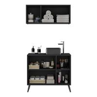 Conjunto Gabinete De Banheiro E Armário Aéreo Retrô Mp5055 Preto Preto - 2