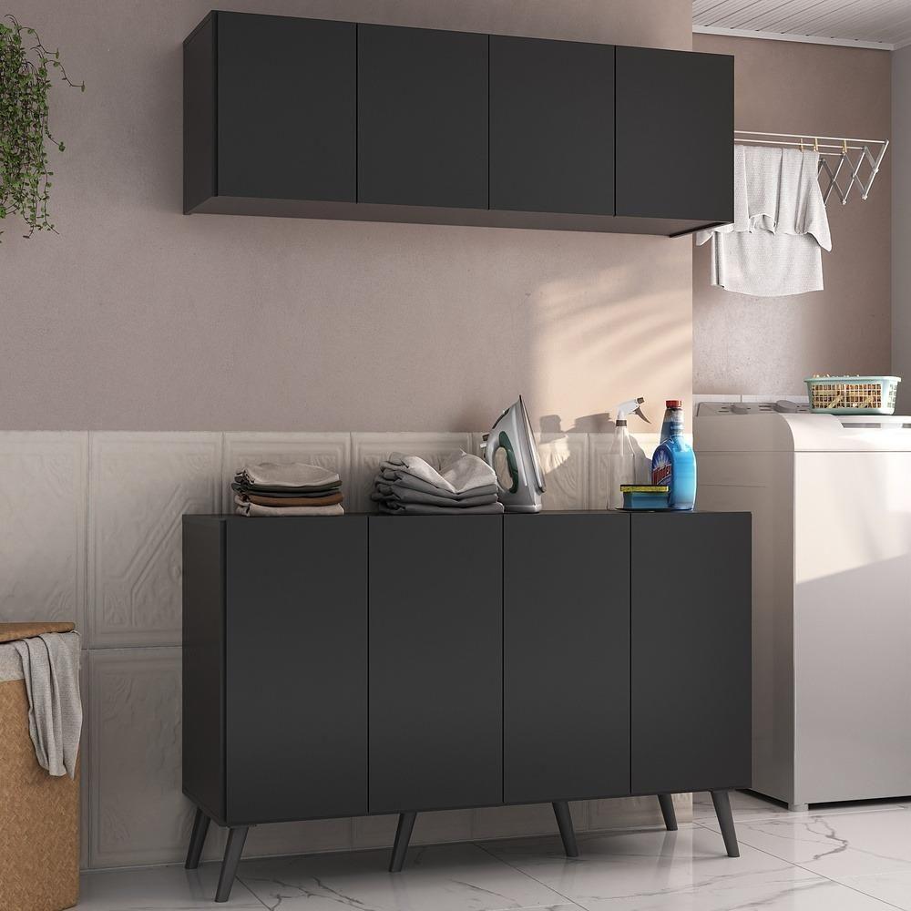 Conjunto Lavanderia Retrô Multiuso Armário Aéreo E Balcão Mp5053 Preto Preto - 3