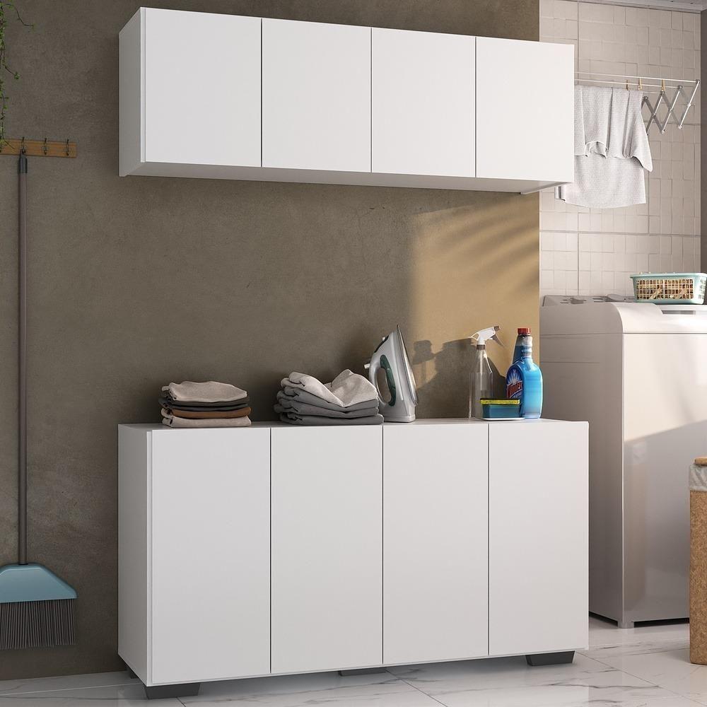 Conjunto Lavanderia Multiuso Armário Aéreo E Balcão Mp5054 Branco preto - 2