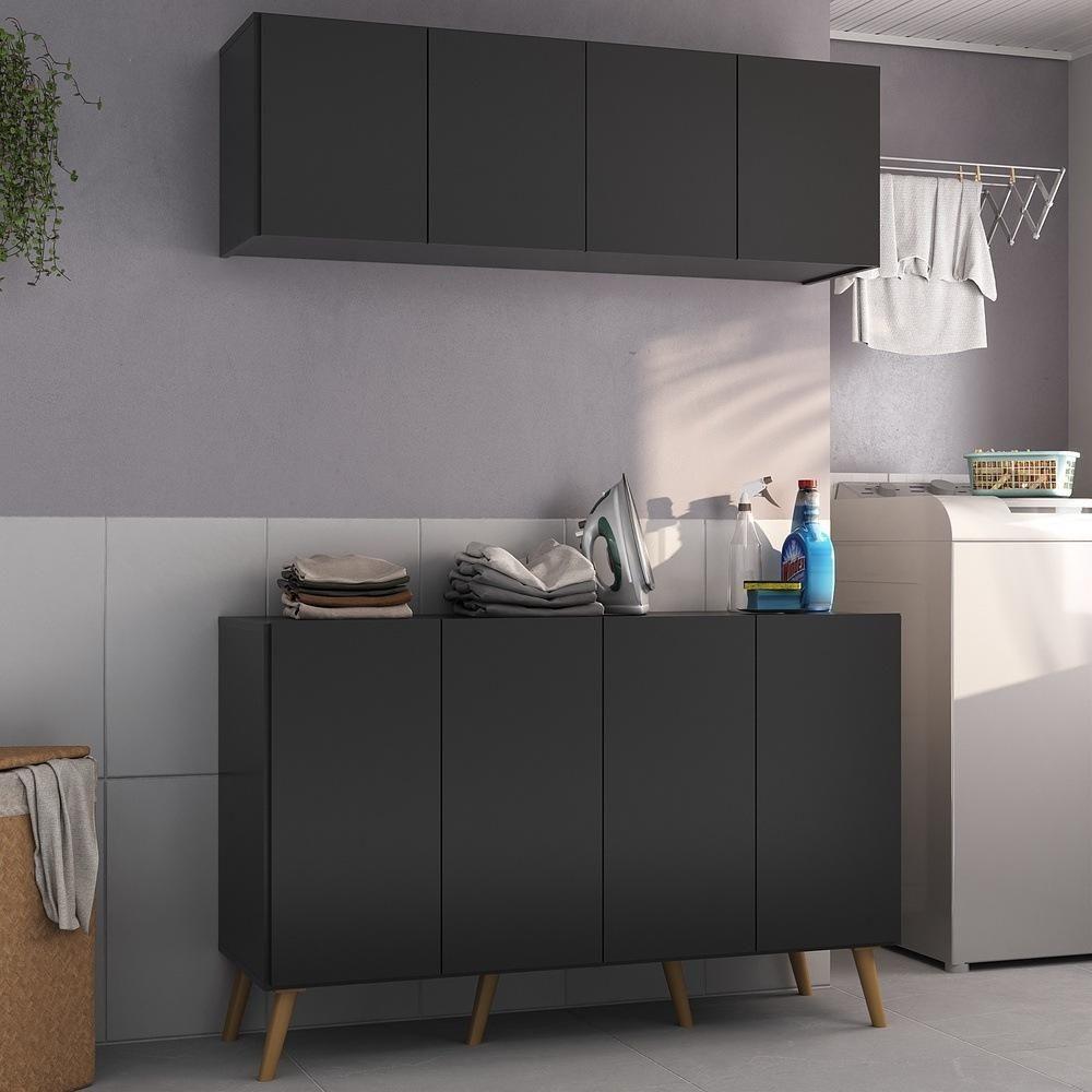 Conjunto Lavanderia Retrô Multiuso Armário Aéreo E Balcão Mp5053 Preto natural - 4