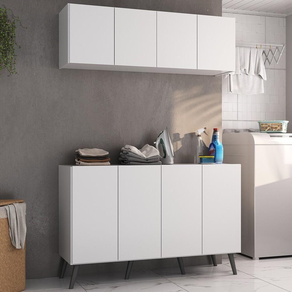 Conjunto Lavanderia Retrô Multiuso Armário Aéreo E Balcão Mp5053 Branco preto - 2