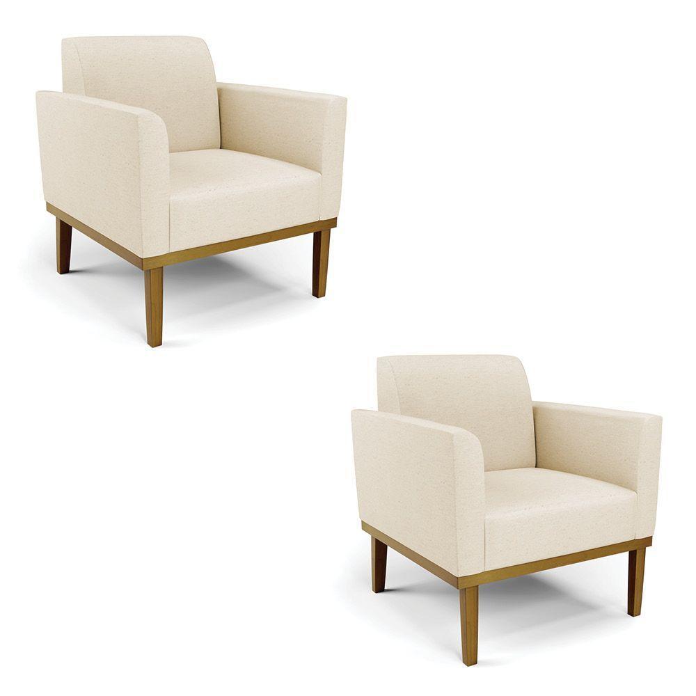 Kit 2 Poltronas Base De Madeira Fixa Castanho Marisa Linho D03 - D'Rossi A19 Bege - 5