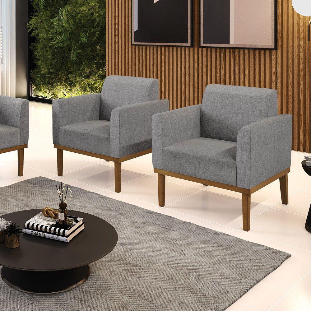 Kit 2 Poltronas Base De Madeira Fixa Castanho Marisa Linho D03 - D'Rossi A26 Grafite - 2