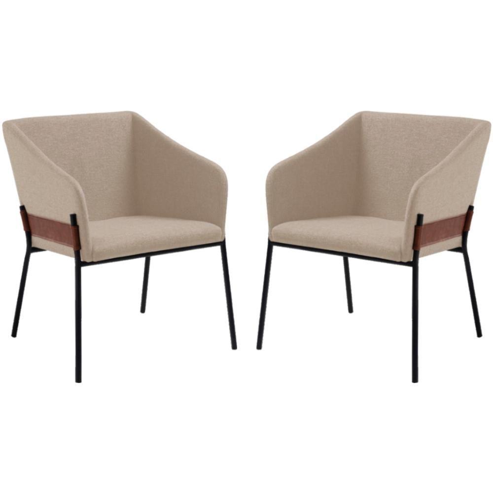 Kit 2 Poltronas Decorativas Base Aço Preto 7042 Linho Bege Dmobiliario Bege - 1