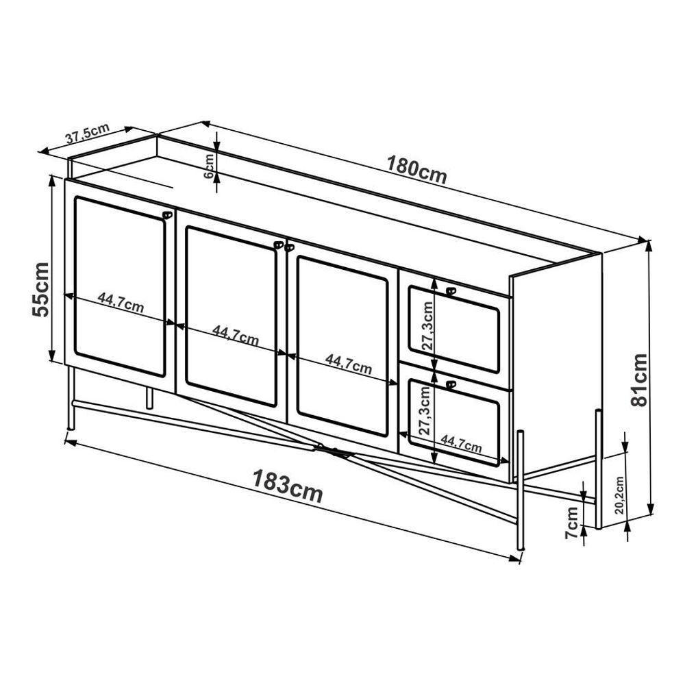Balcão Buffet 3 Portas 2 Gavetas Palhinha Pé Metal Oslo - 4