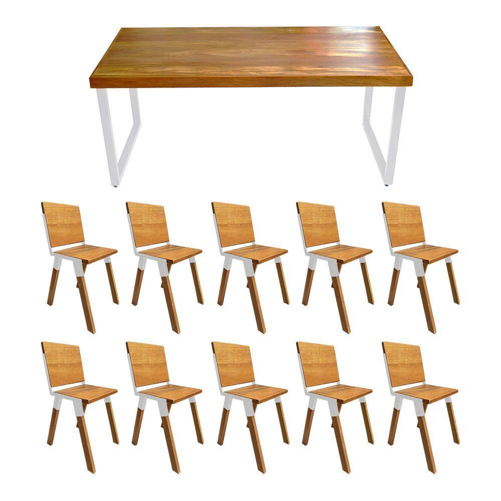 Conjunto Mesa Industrial Bernardo Madeira Maciça 2,50mx100cm C-ferragem Branca E 10 Cadeiras Detroit Marrom - 1