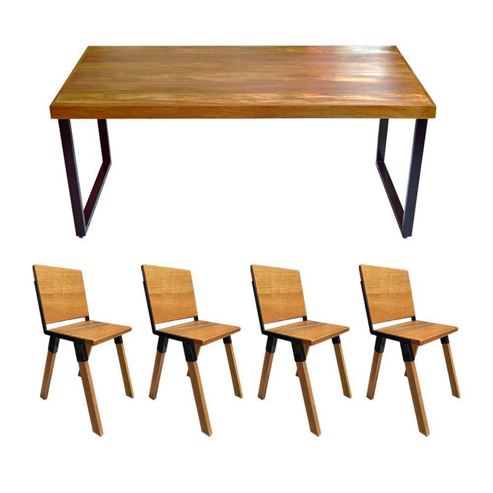 Conjunto Mesa Industrial Bernardo Madeira Maciça 1,20mx80cm C- Ferragem Preta E 4 Cadeiras Detroit Marrom - 1