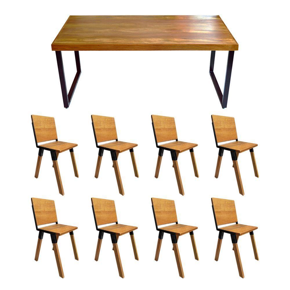 Conjunto Mesa Industrial Bernardo Madeira Maciça 2,20mx90cm C- Ferragem Preta E 8 Cadeiras Detroit Marrom - 1