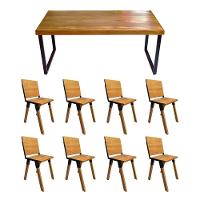 Conjunto Mesa Industrial Bernardo Madeira Maciça 2,20mx90cm C- Ferragem Preta E 8 Cadeiras Detroit Marrom - 1
