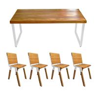 Conjunto Mesa Industrial Bernardo Madeira Maciça 1,20mx80cm C- Ferragem Branca E 4 Cadeiras Detroit Marrom - 1
