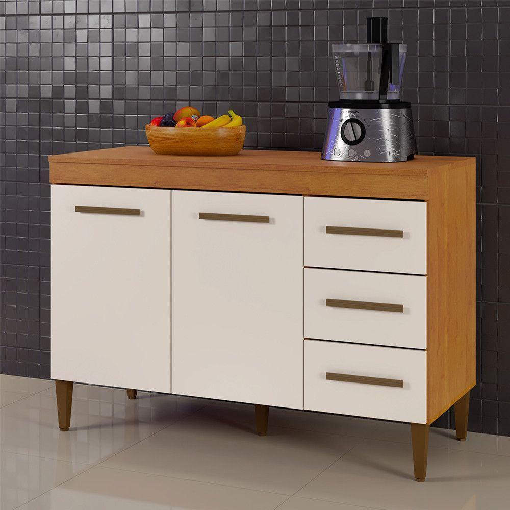 Balcão De Cozinha Com Tampo 2 Portas 3 Gavetas Virtus Naturalle Com Off White - 1