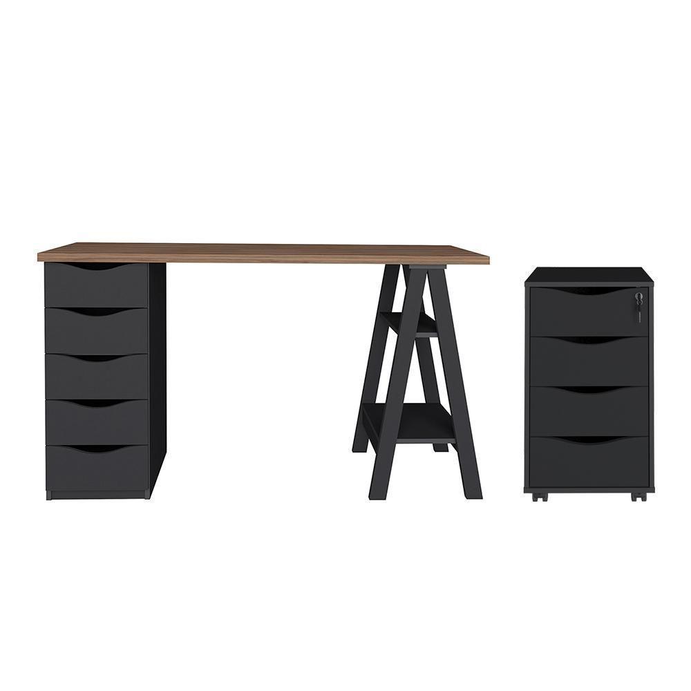 Jogo Gaveteiro E Escrivaninha Osnabruque Nogal Preto - 1
