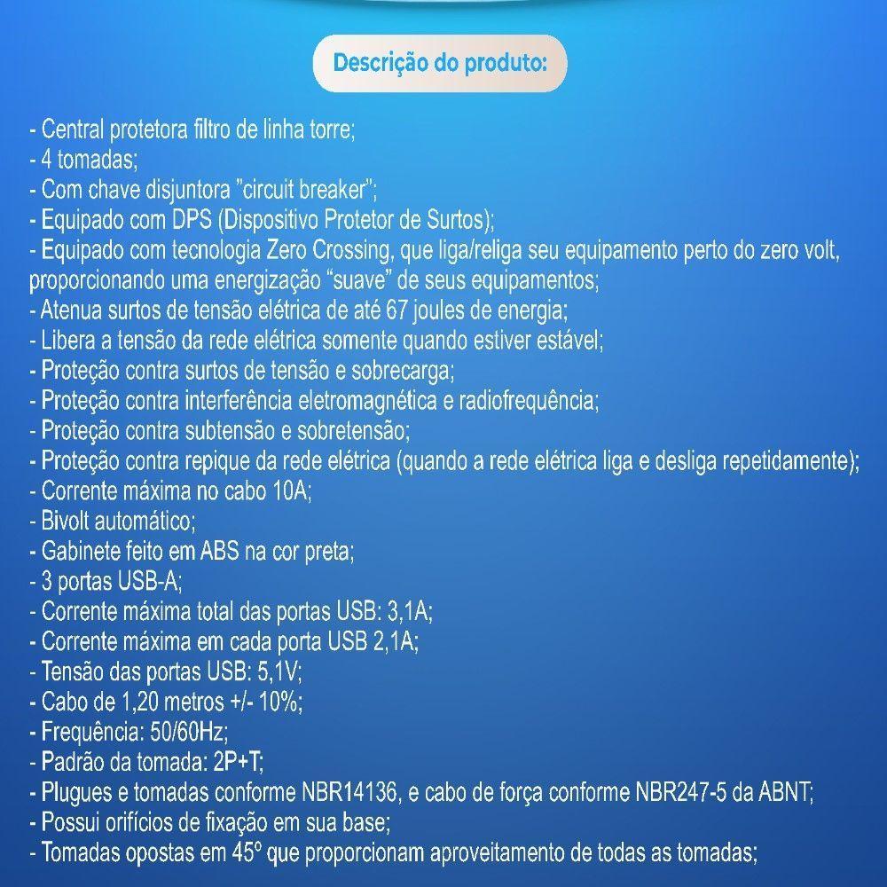 Filtro De Linha 1,20m Torre 4 Tomadas + 3 Usb Qualitronix - 2