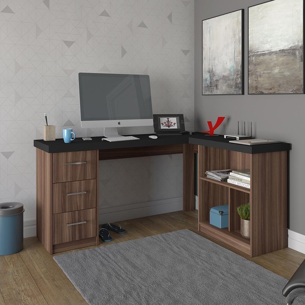 Mesa De Computador Em L 3 Gavetas Alaska Preto Ipê - 1