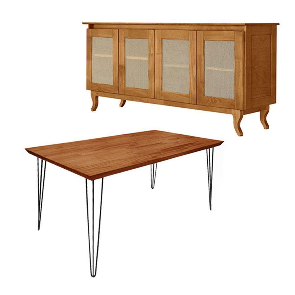 Conjunto Sala De Jantar Mesa Industrial Lanna Com Buffet Aparador Deltan Madeira Maciça - Marrom - 1