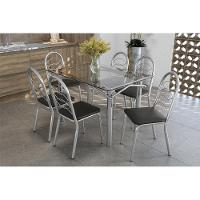 Kit Mesa Elba C- Tampo de Vidro 120cm + 6 Cadeiras Holanda Cromada Assento Preto - 1