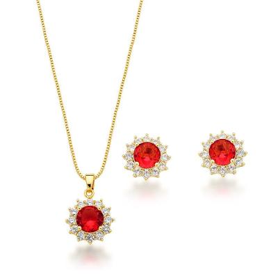 Conjunto Colar e Brincos Ponto De Luz Redondo Vermelho Banhado A Ouro 18k 60cm
