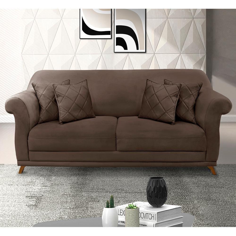 Sofá 2 Lugares Lorena Veludo 1,60m Pés Em Madeira Maciça - Marrom Marrom - 1