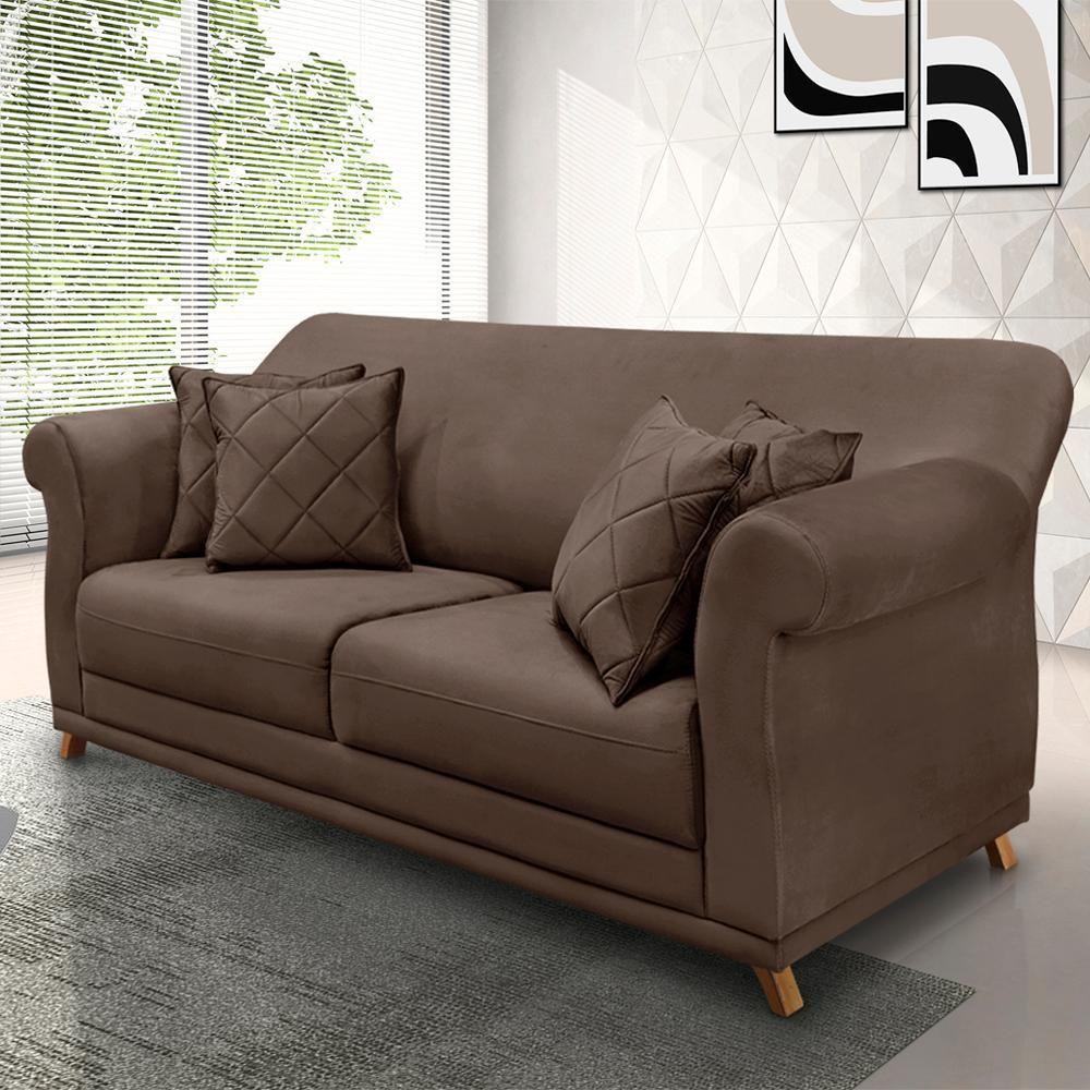 Sofá 2 Lugares Lorena Veludo 1,60m Pés Em Madeira Maciça - Marrom Marrom - 2