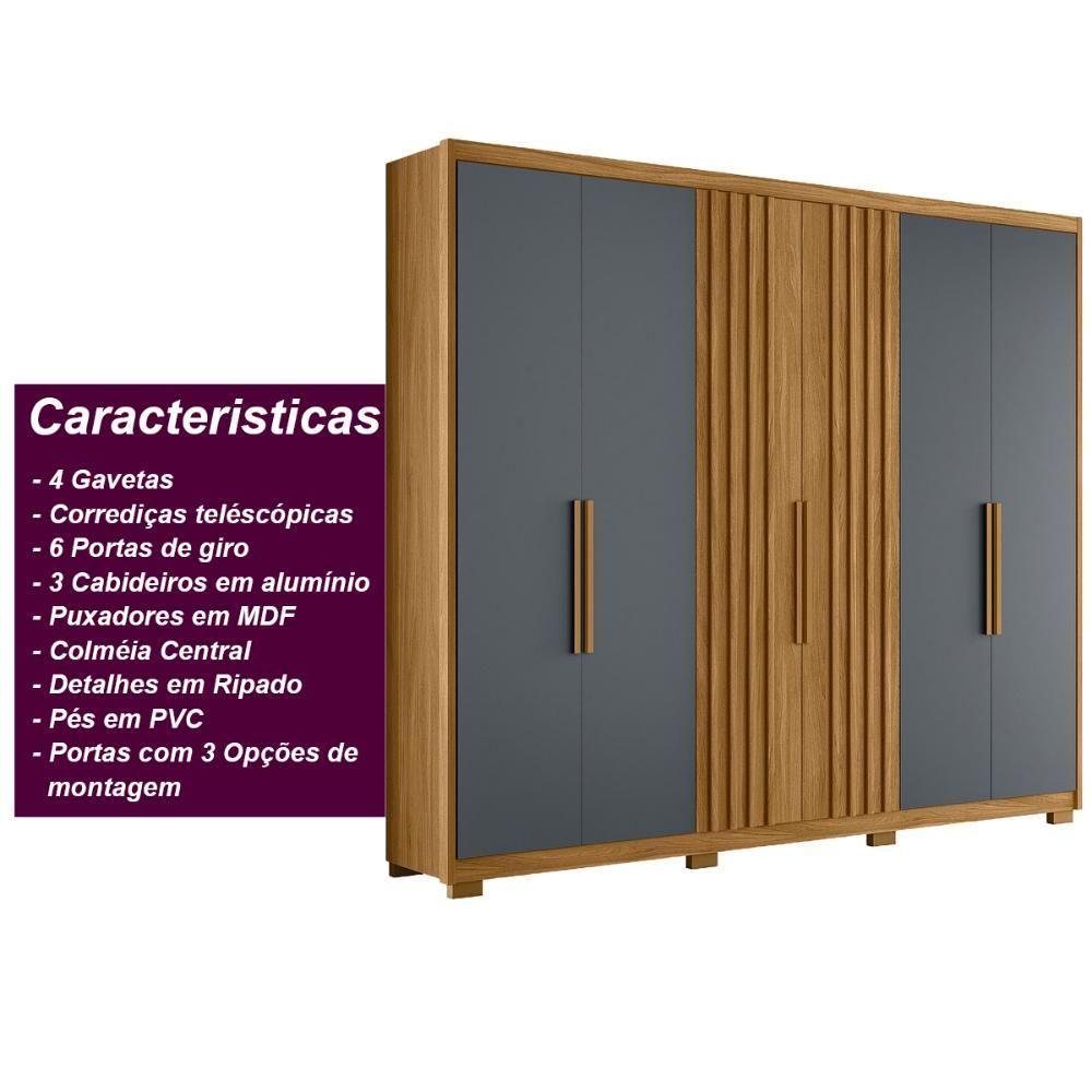 Guarda Roupa Casal 6 Portas 4 Gavetas Araguaia - Freijó - Cinza Freijó - Cinza - 5