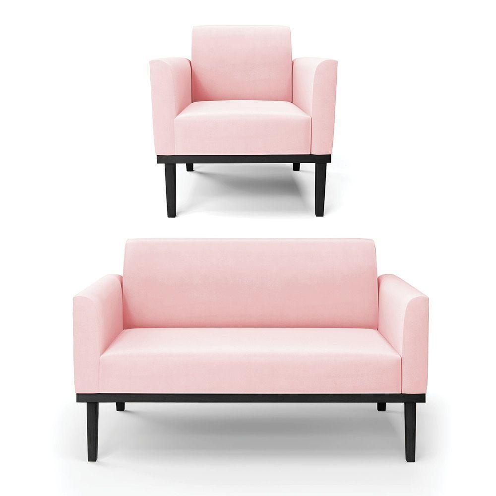 Sofá Namoradeira Com Poltrona Base De Madeira Fixa Preto Marisa Suede Rosa Bebê D03 - D'Rossi - 1