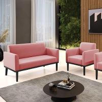 Sofá Namoradeira Com Poltrona Base De Madeira Fixa Preto Marisa Suede Rosê D03 - D'Rossi - 7