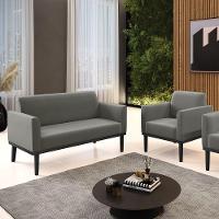 Sofá Namoradeira Com Poltrona Base De Madeira Fixa Preto Marisa Suede Grafite D03 - D'Rossi - 3