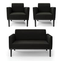 Sofá Namoradeira Com 2 Poltronas Base De Madeira Fixa Preto Marisa Suede D03 - D'Rossi Preto - 1