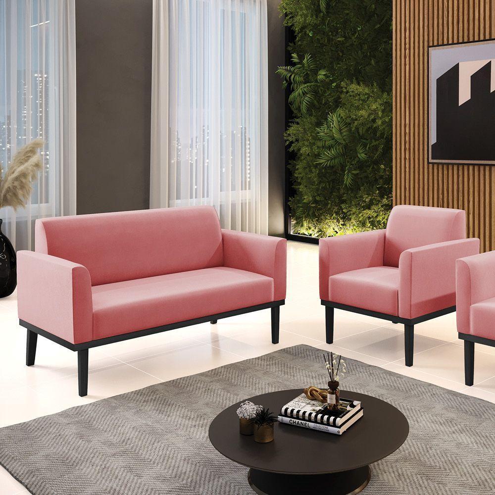Sofá Namoradeira Com Poltrona Base De Madeira Fixa Preto Marisa Suede D03 - D'Rossi Rose - 6