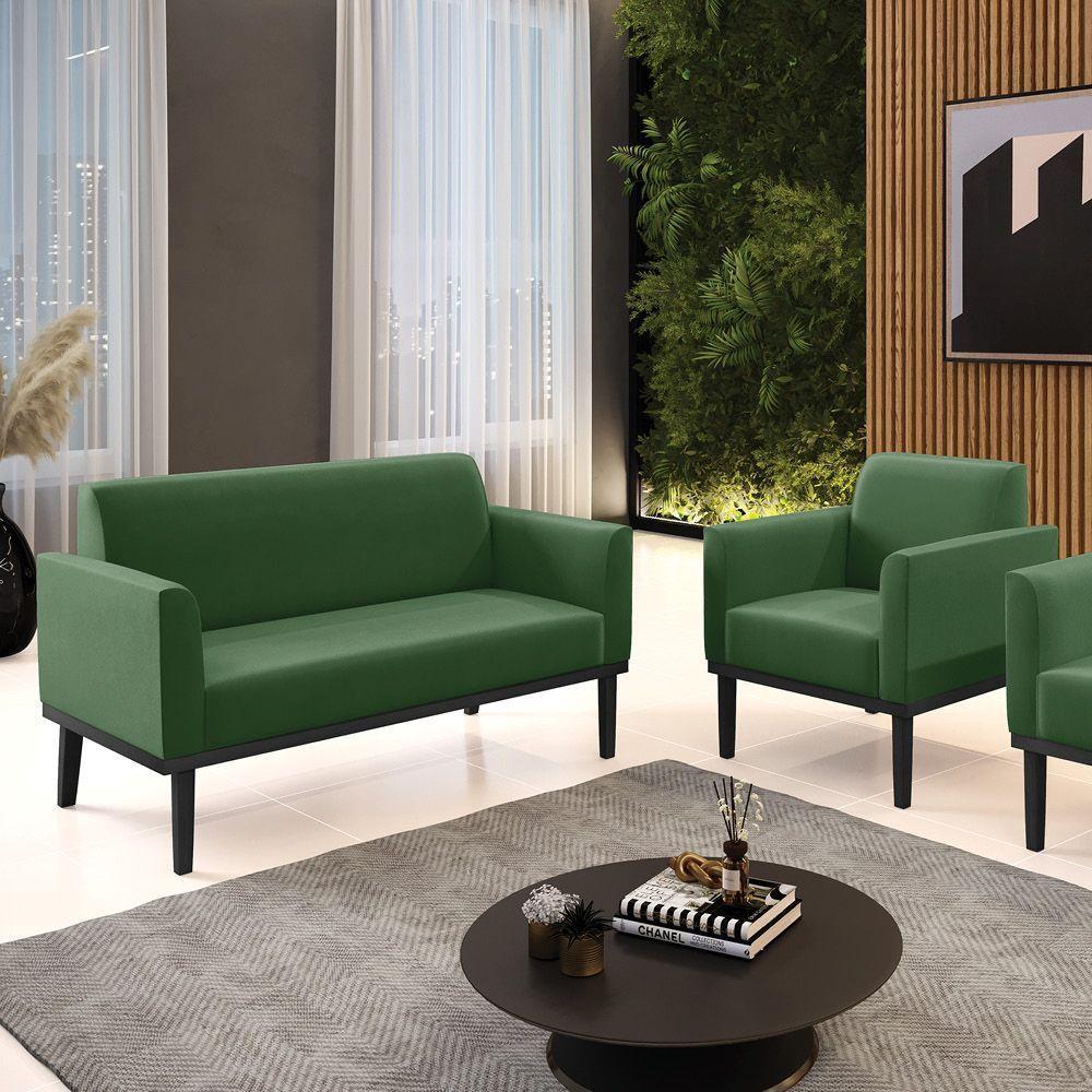 Sofá Namoradeira Com Poltrona Base De Madeira Fixa Preto Marisa Suede D03 - D'Rossi Verde - 3