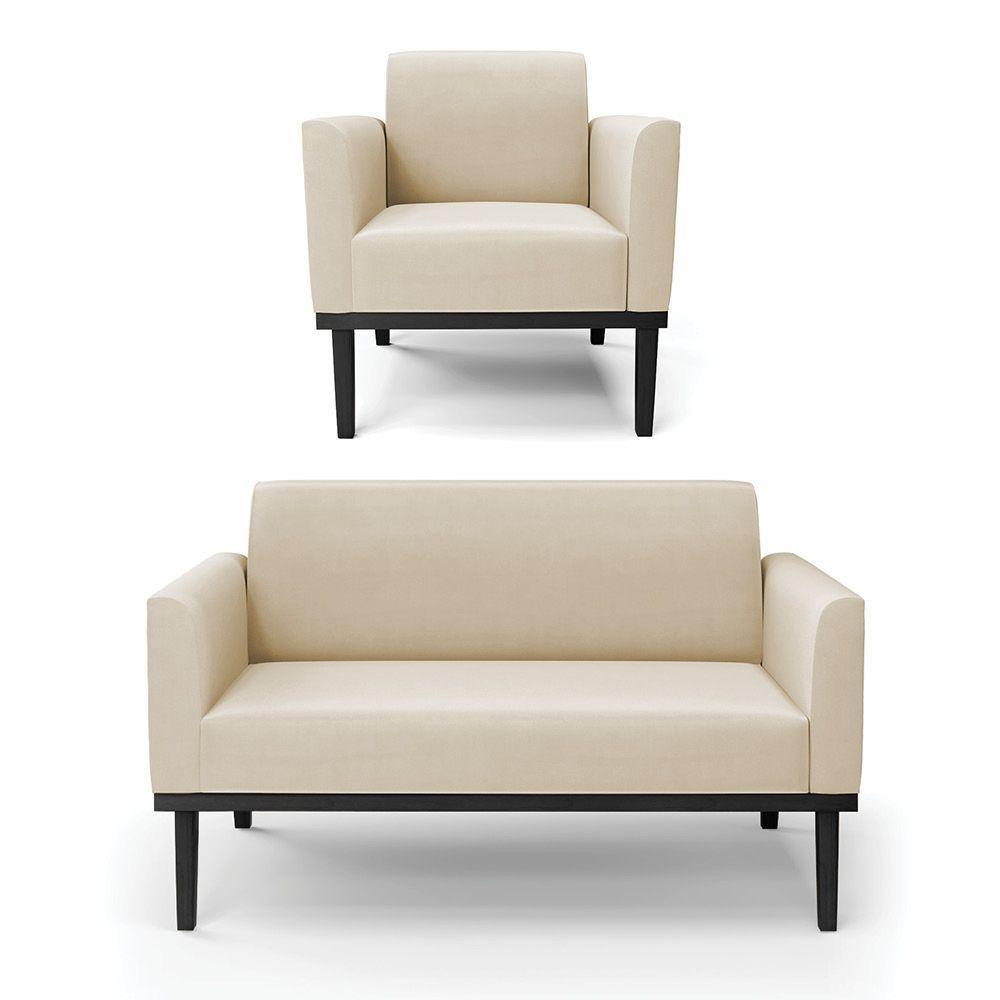 Sofá Namoradeira Com Poltrona Base De Madeira Fixa Preto Marisa Suede Bege D03 - D'Rossi - 1