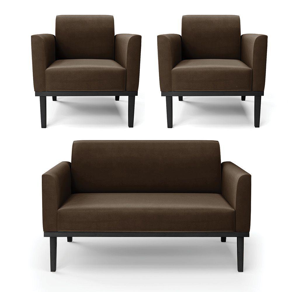 Sofá Namoradeira Com 2 Poltronas Base De Madeira Fixa Preto Marisa Suede Marrom D03 - D'Rossi - 1