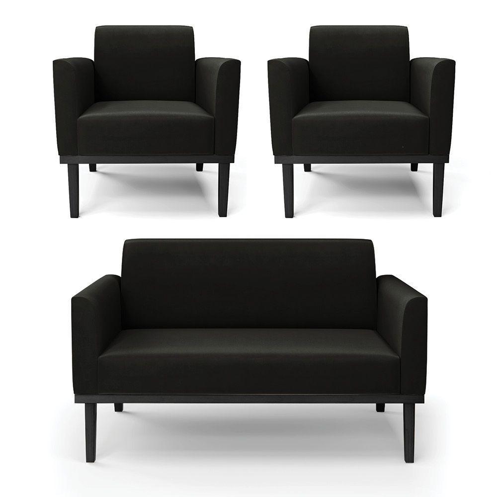 Sofá Namoradeira Com 2 Poltronas Base De Madeira Fixa Preto Marisa Suede Preto D03 - D'Rossi - 1