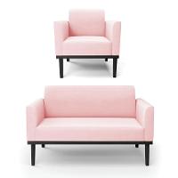 Sofá Namoradeira Com Poltrona Base De Madeira Fixa Preto Marisa Suede D03 - D'Rossi Rosa Bebê - 1