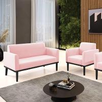 Sofá Namoradeira Com Poltrona Base De Madeira Fixa Preto Marisa Suede D03 - D'Rossi Rosa Bebê - 10