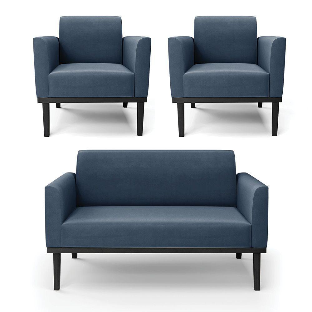 Sofá Namoradeira Com 2 Poltronas Base De Madeira Fixa Preto Marisa Suede D03 - D'Rossi Azul Marinho - 1