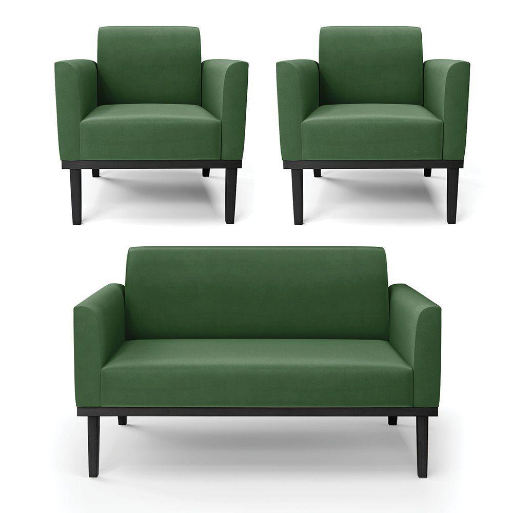 Sofá Namoradeira Com 2 Poltronas Base De Madeira Fixa Preto Marisa Suede D03 - D'Rossi Verde - 1
