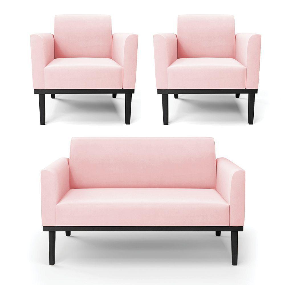 Sofá Namoradeira Com 2 Poltronas Base De Madeira Fixa Preto Marisa Suede D03 - D'Rossi Rosa Bebê - 1