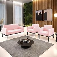 Sofá Namoradeira Com 2 Poltronas Base De Madeira Fixa Preto Marisa Suede D03 - D'Rossi Rosa Bebê - 3