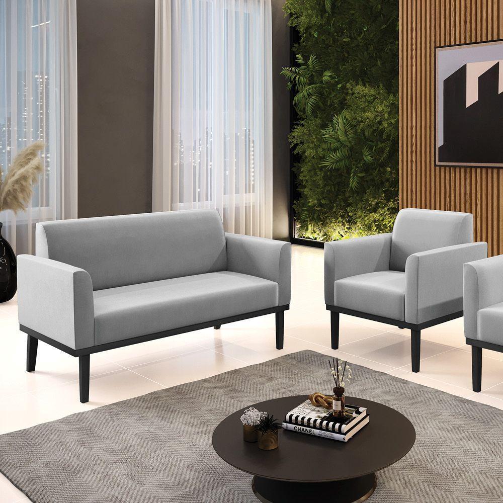Sofá Namoradeira Com Poltrona Base De Madeira Fixa Preto Marisa Suede D03 - D'Rossi Cinza - 3