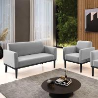 Sofá Namoradeira Com Poltrona Base De Madeira Fixa Preto Marisa Suede D03 - D'Rossi Cinza - 8