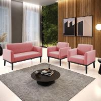 Sofá Namoradeira Com 2 Poltronas Base De Madeira Fixa Preto Marisa Suede Rosê D03 - D'Rossi