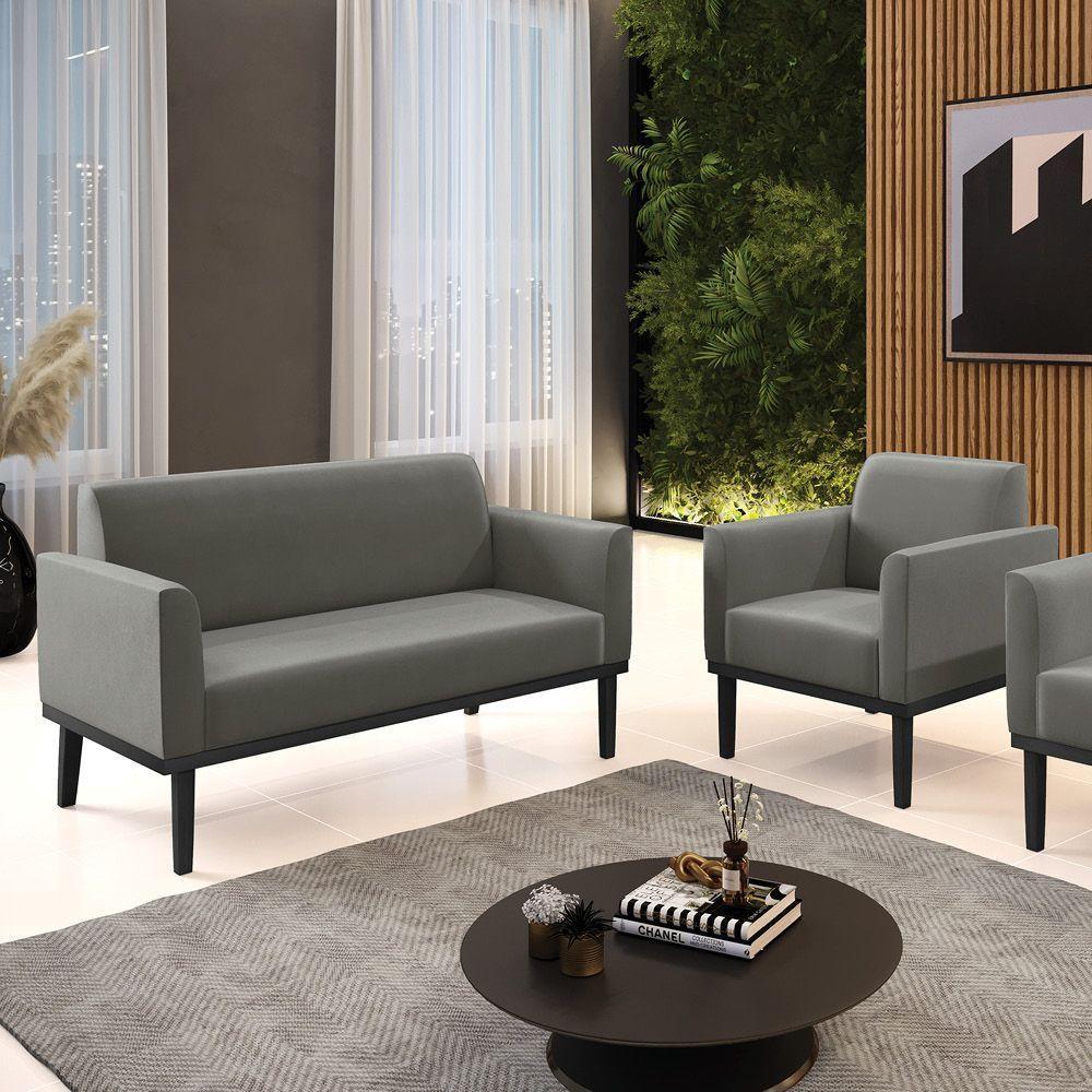 Sofá Namoradeira Com Poltrona Base De Madeira Fixa Preto Marisa Suede D03 - D'Rossi Grafite - 4