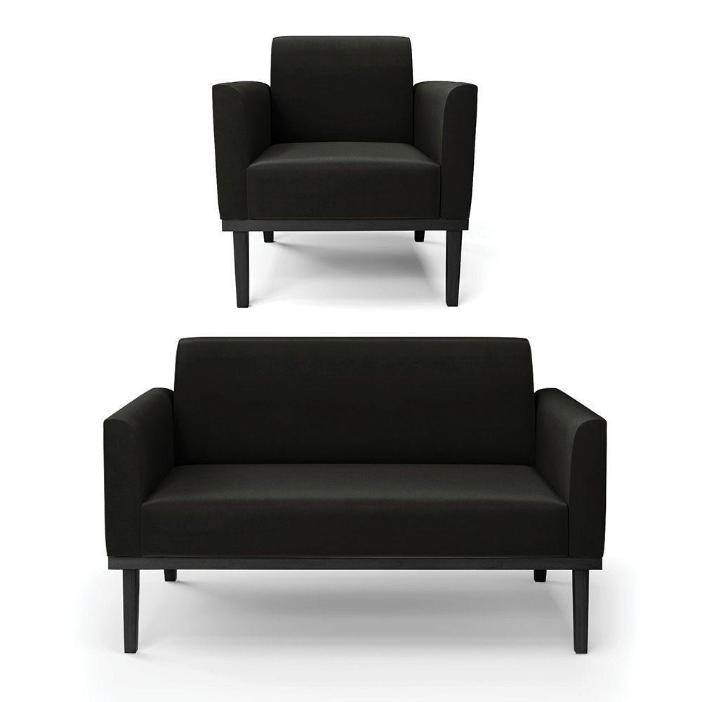 Sofá Namoradeira Com Poltrona Base De Madeira Fixa Preto Marisa Suede D03 - D'Rossi Preto - 1