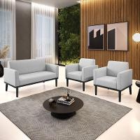 Sofá Namoradeira Com 2 Poltronas Base De Madeira Fixa Preto Marisa Linho Cinza A05 D03 - D'Rossi - 5