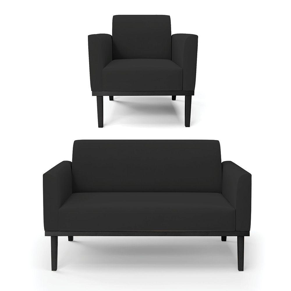Sofá Namoradeira Com Poltrona Base De Madeira Fixa Preto Marisa Veludo D03 - D'Rossi Preto - 1