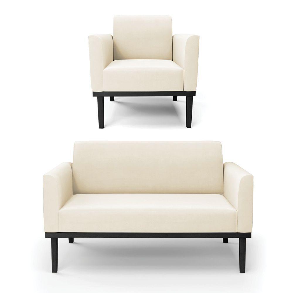 Sofá Namoradeira Com Poltrona Base De Madeira Fixa Preto Marisa Veludo D03 - D'Rossi Bege - 1