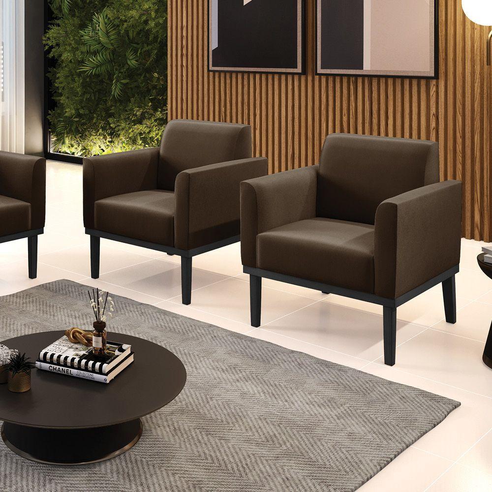 Kit 2 Poltronas Base De Madeira Fixa Preto Marisa Suede D03 - D'Rossi Marrom - 7